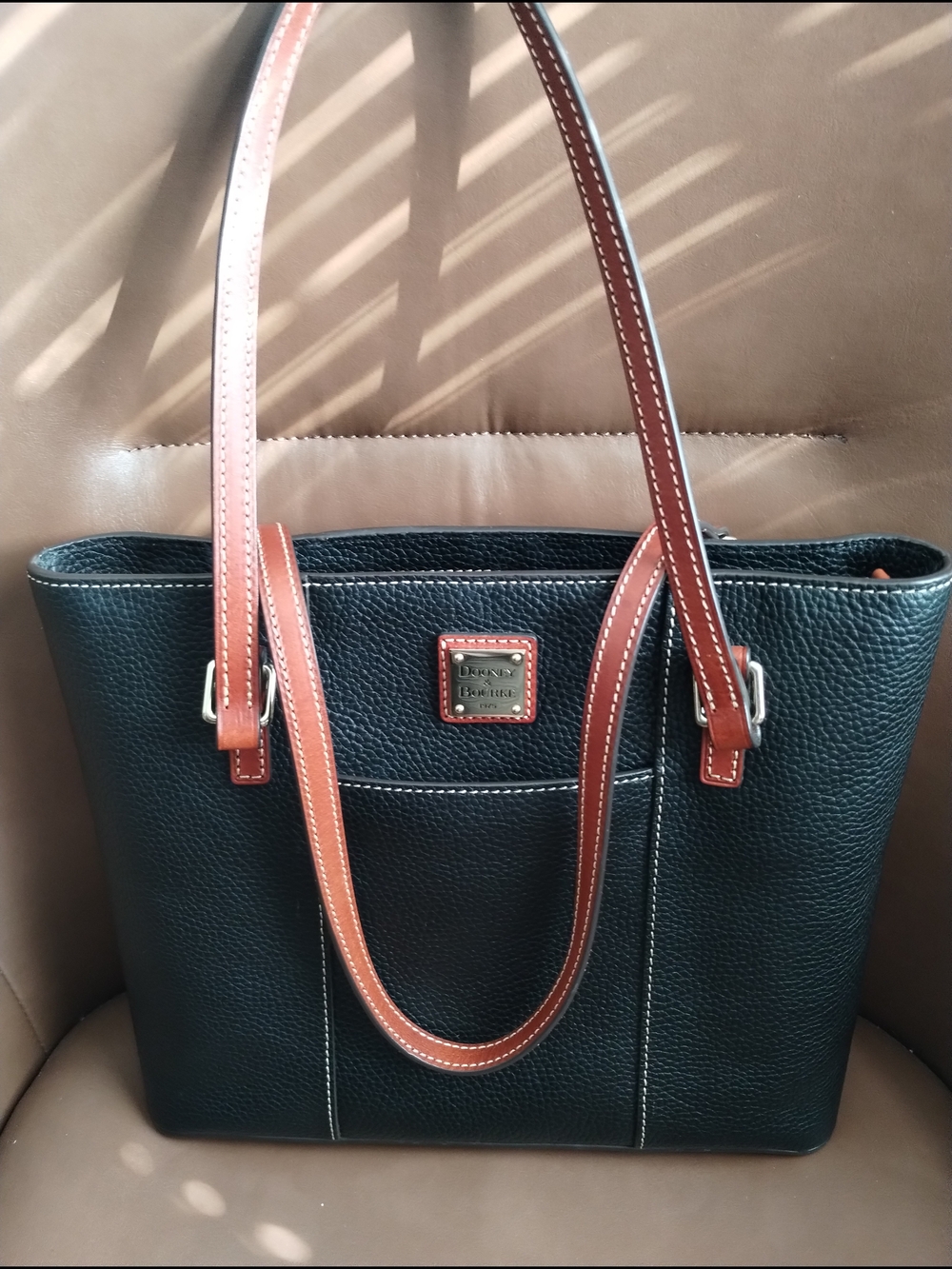 Dooney & Bourke Black Pebbled Leather Tote with Brown Handles